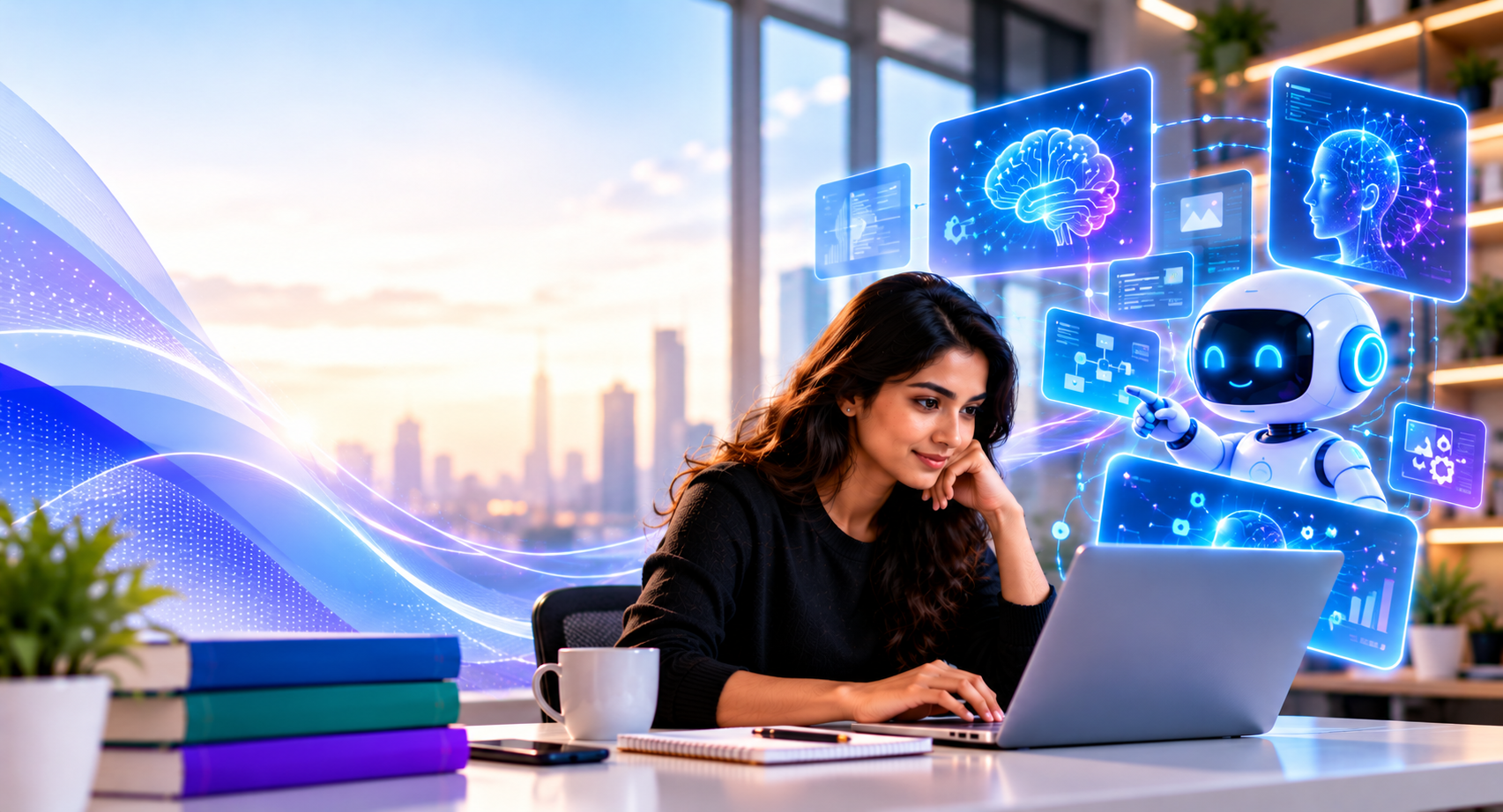 Futuristic AI workspace — core areas of Generative AI training in Delhi